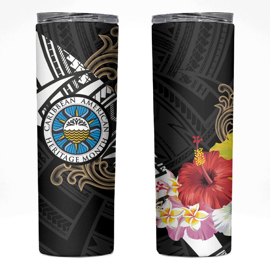 Caribbean American Heritage Month Skinny Tumbler Tribal Pattern Tropical Hibiscus Flower