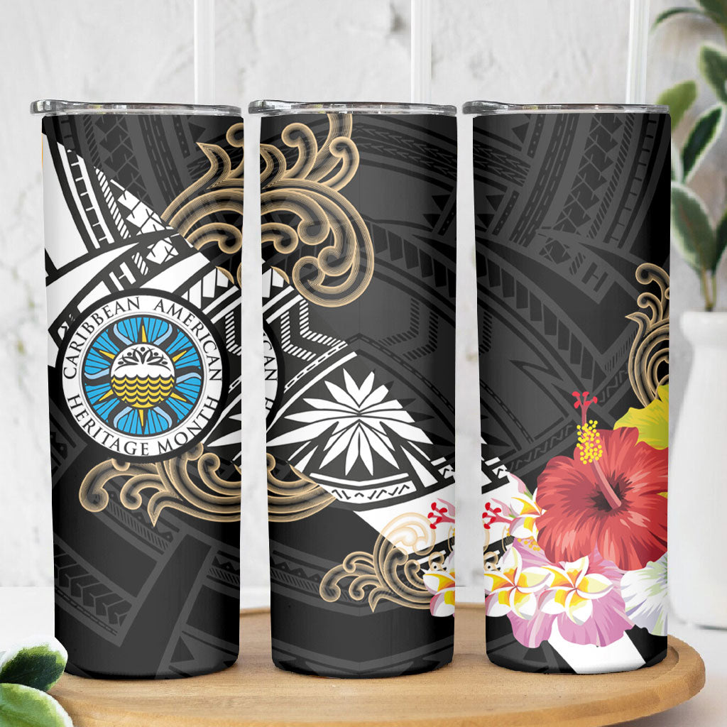 Caribbean American Heritage Month Skinny Tumbler Tribal Pattern Tropical Hibiscus Flower