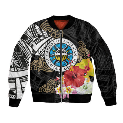Caribbean American Heritage Month Sleeve Zip Bomber Jacket Tribal Pattern Tropical Hibiscus Flower