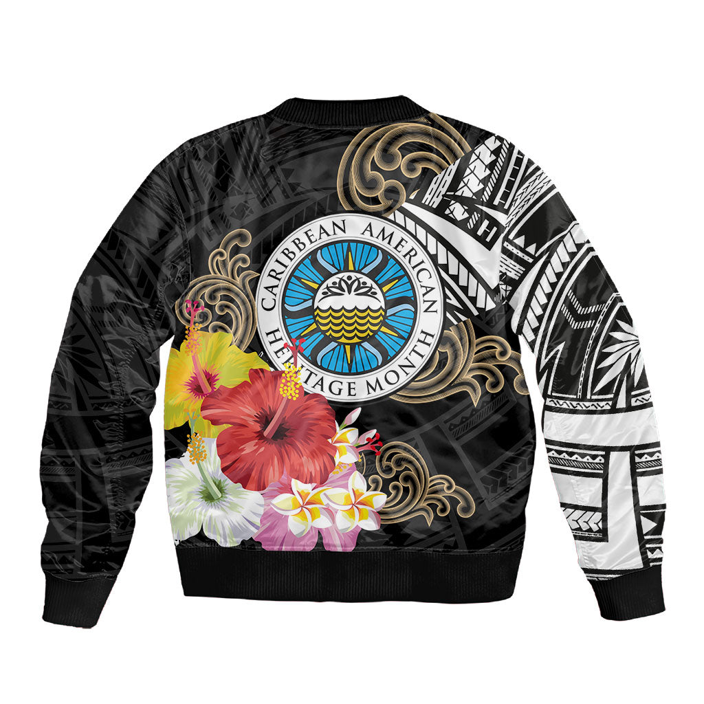 Caribbean American Heritage Month Sleeve Zip Bomber Jacket Tribal Pattern Tropical Hibiscus Flower