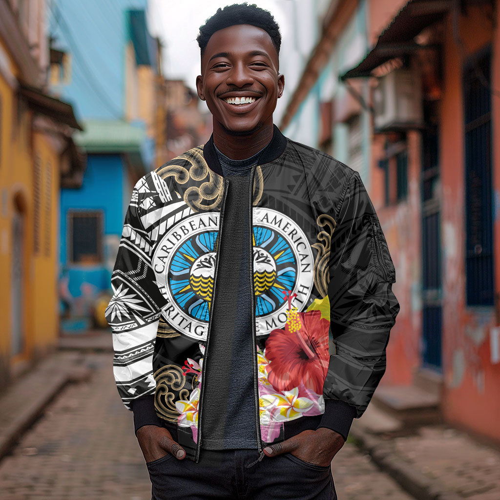 Caribbean American Heritage Month Sleeve Zip Bomber Jacket Tribal Pattern Tropical Hibiscus Flower