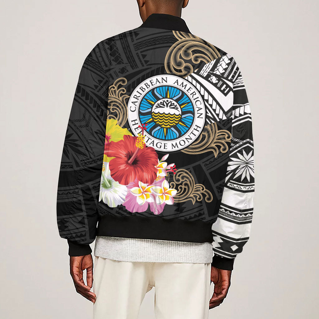 Caribbean American Heritage Month Sleeve Zip Bomber Jacket Tribal Pattern Tropical Hibiscus Flower