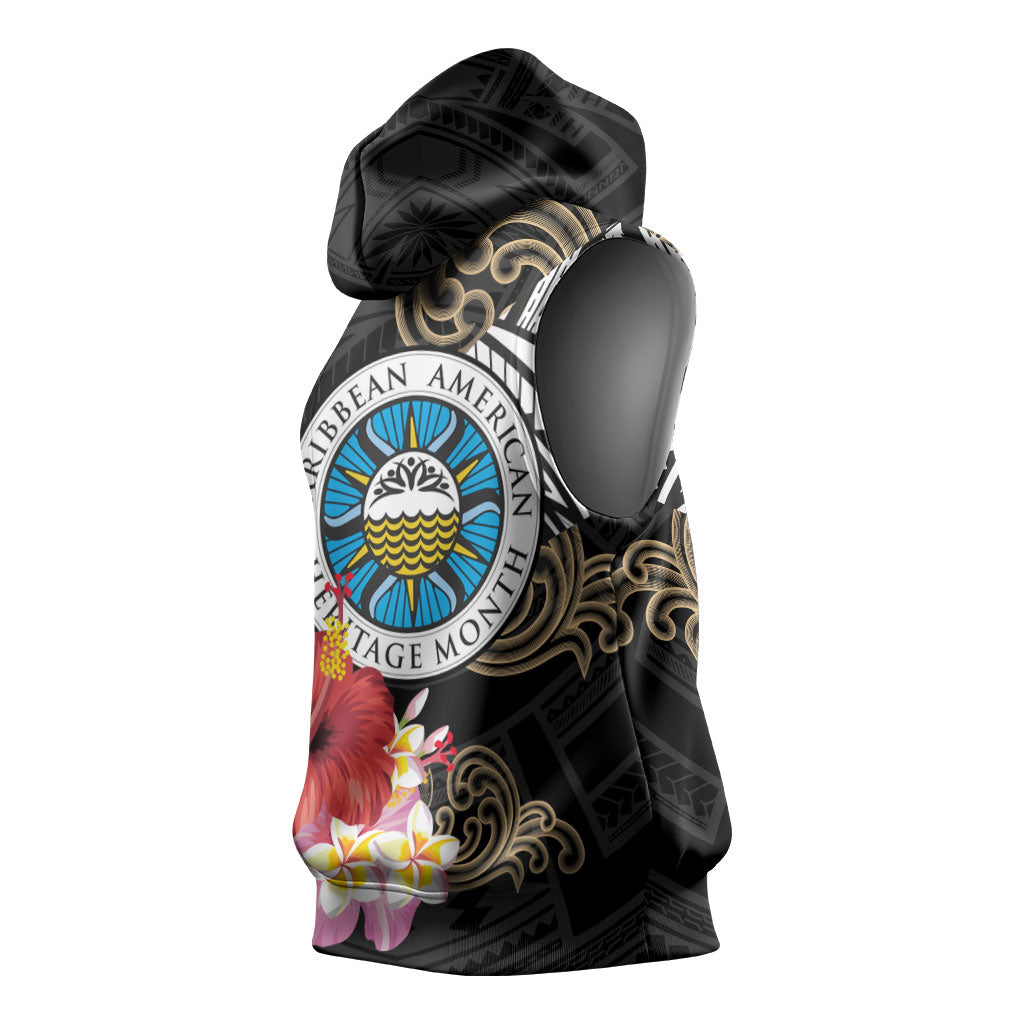 Caribbean American Heritage Month Sleeveless Hoodie Tribal Pattern Tropical Hibiscus Flower