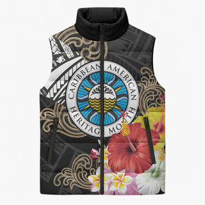 Caribbean American Heritage Month Sleeveless Puffer Jacket Tribal Pattern Tropical Hibiscus Flower