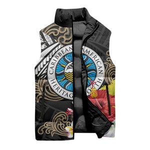 Caribbean American Heritage Month Sleeveless Puffer Jacket Tribal Pattern Tropical Hibiscus Flower