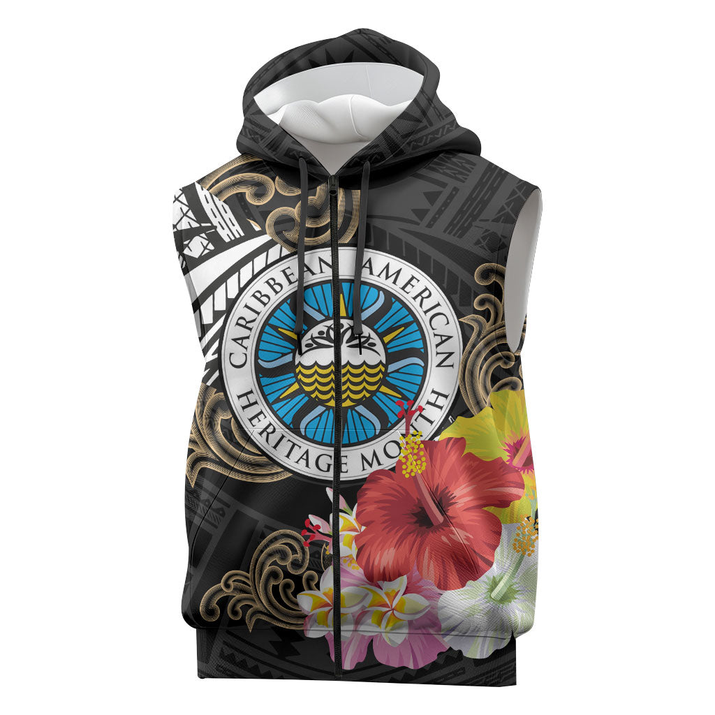 Caribbean American Heritage Month Sleeveless Zip Hoodie Tribal Pattern Tropical Hibiscus Flower