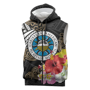 Caribbean American Heritage Month Sleeveless Zip Hoodie Tribal Pattern Tropical Hibiscus Flower