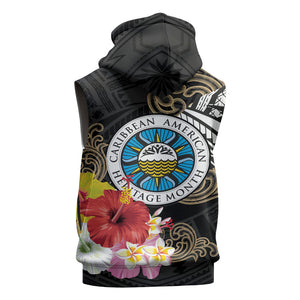 Caribbean American Heritage Month Sleeveless Zip Hoodie Tribal Pattern Tropical Hibiscus Flower