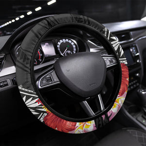 Caribbean American Heritage Month Steering Wheel Cover Tribal Pattern Tropical Hibiscus Flower