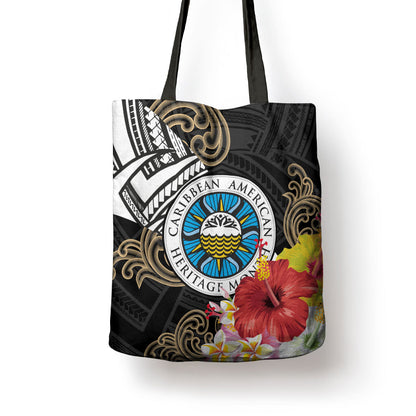 Caribbean American Heritage Month Tote Bag Tribal Pattern Tropical Hibiscus Flower