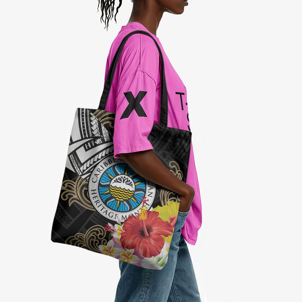 Caribbean American Heritage Month Tote Bag Tribal Pattern Tropical Hibiscus Flower