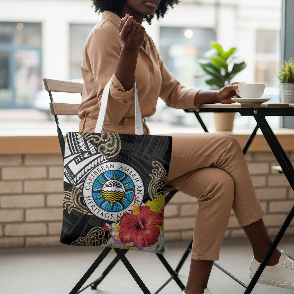 Caribbean American Heritage Month Tote Bag Tribal Pattern Tropical Hibiscus Flower