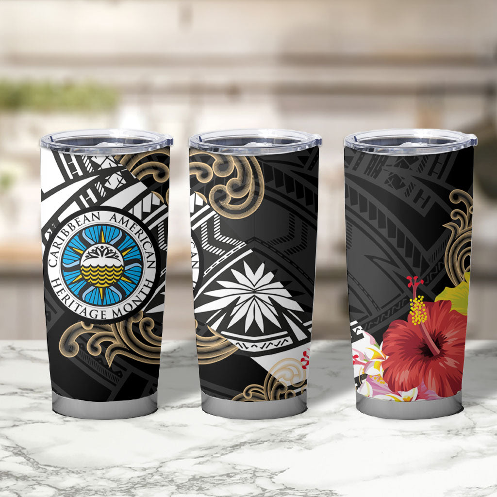 Caribbean American Heritage Month Tumbler Cup Tribal Pattern Tropical Hibiscus Flower