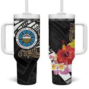 Caribbean American Heritage Month Tumbler With Handle Tribal Pattern Tropical Hibiscus Flower