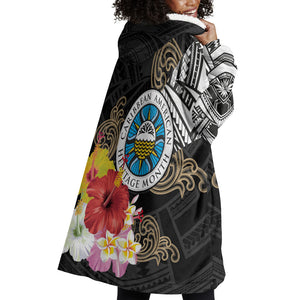 Caribbean American Heritage Month Wearable Blanket Hoodie Tribal Pattern Tropical Hibiscus Flower