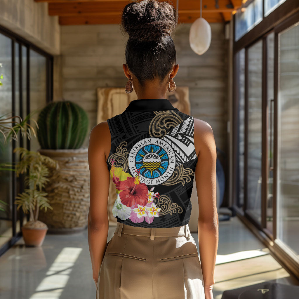 Caribbean American Heritage Month Women Sleeveless Polo Shirt Tribal Pattern Tropical Hibiscus Flower