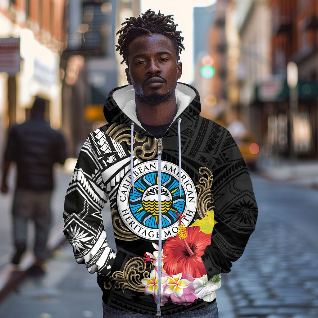 Caribbean American Heritage Month Zip Hoodie Tribal Pattern Tropical Hibiscus Flower