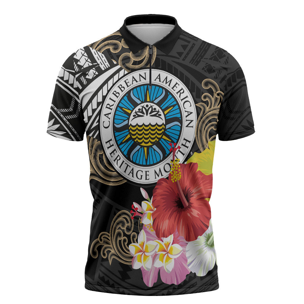 Caribbean American Heritage Month Zipper Polo Shirt Tribal Pattern Tropical Hibiscus Flower