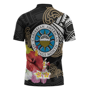 Caribbean American Heritage Month Zipper Polo Shirt Tribal Pattern Tropical Hibiscus Flower
