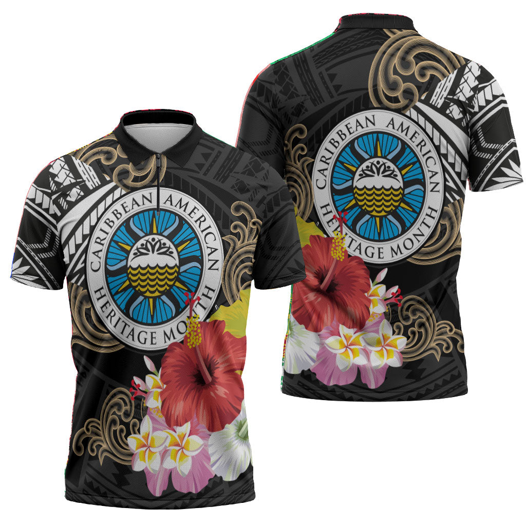 Caribbean American Heritage Month Zipper Polo Shirt Tribal Pattern Tropical Hibiscus Flower
