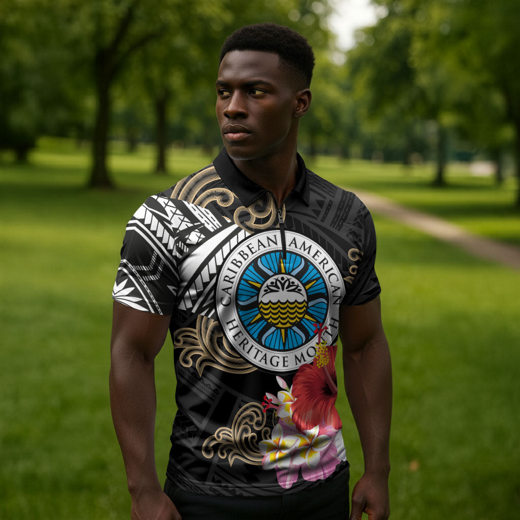 Caribbean American Heritage Month Zipper Polo Shirt Tribal Pattern Tropical Hibiscus Flower