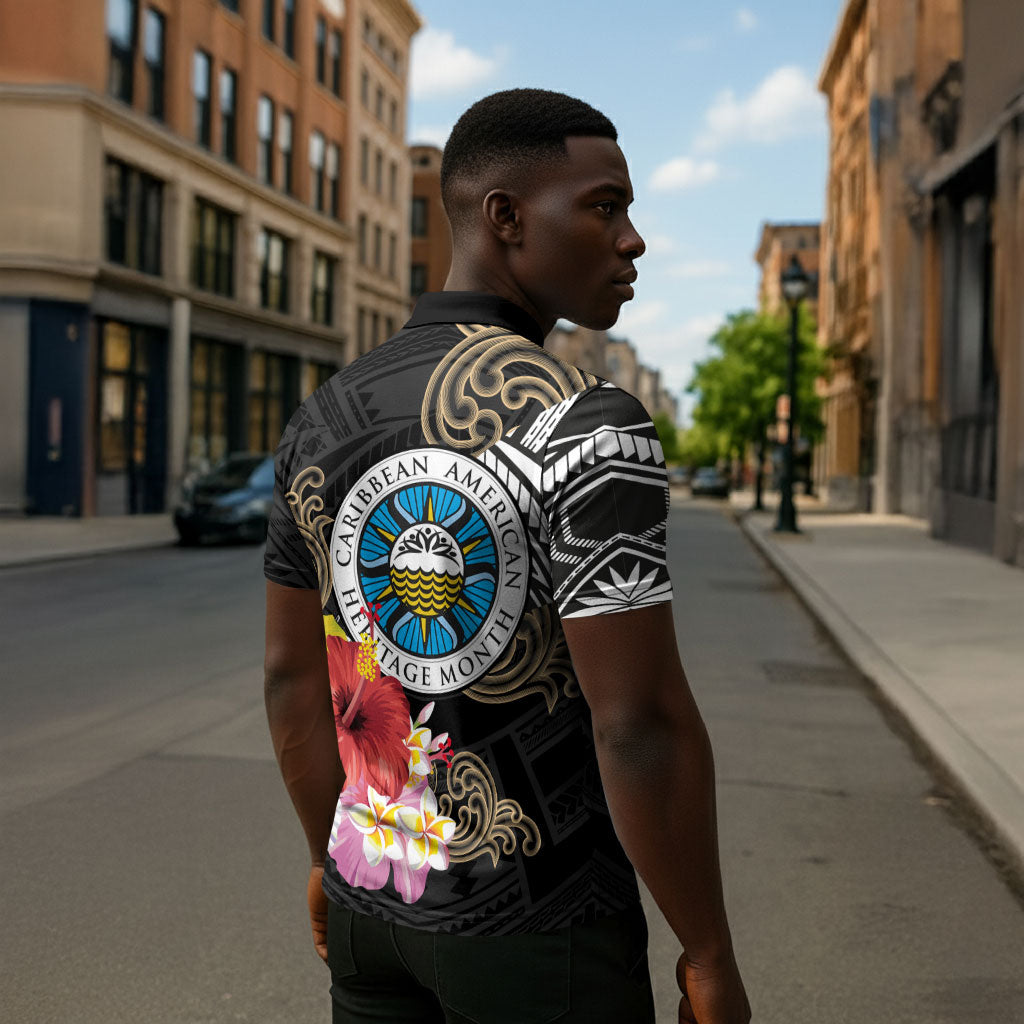 Caribbean American Heritage Month Zipper Polo Shirt Tribal Pattern Tropical Hibiscus Flower