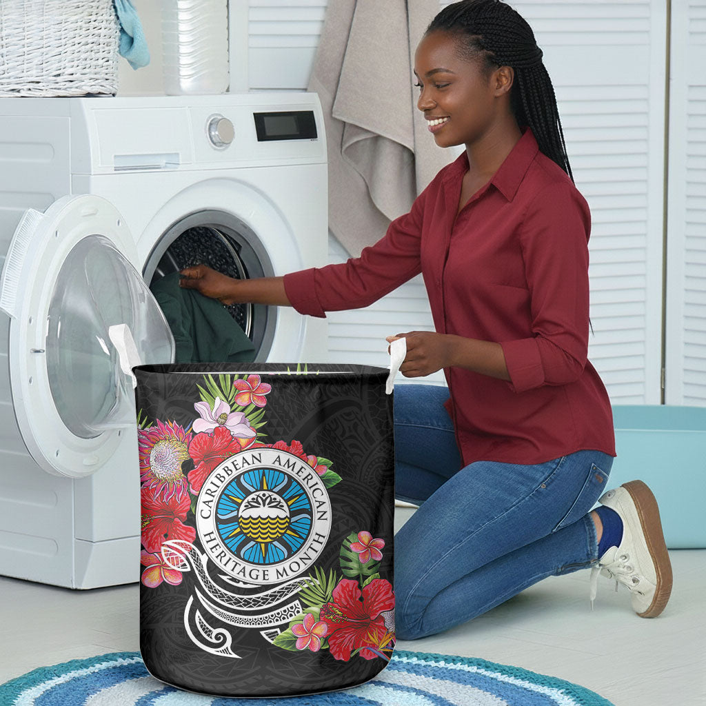 Caribbean American Heritage Month Laundry Basket Tropical Hibiscus Flower Tribal Tattoo