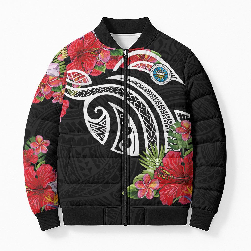 Caribbean American Heritage Month Bomber Puffer Jacket Tropical Hibiscus Flower Tribal Tattoo