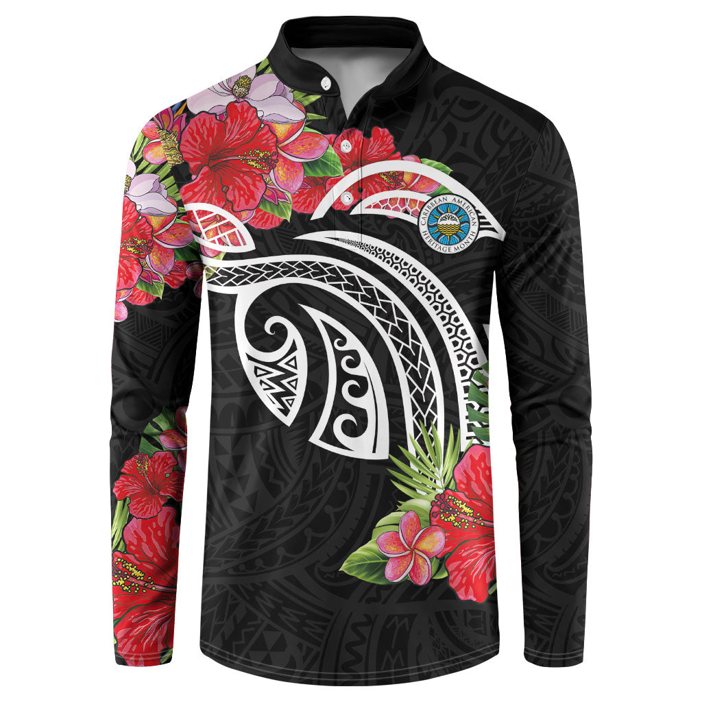 Caribbean American Heritage Month Button Sweatshirt Tropical Hibiscus Flower Tribal Tattoo