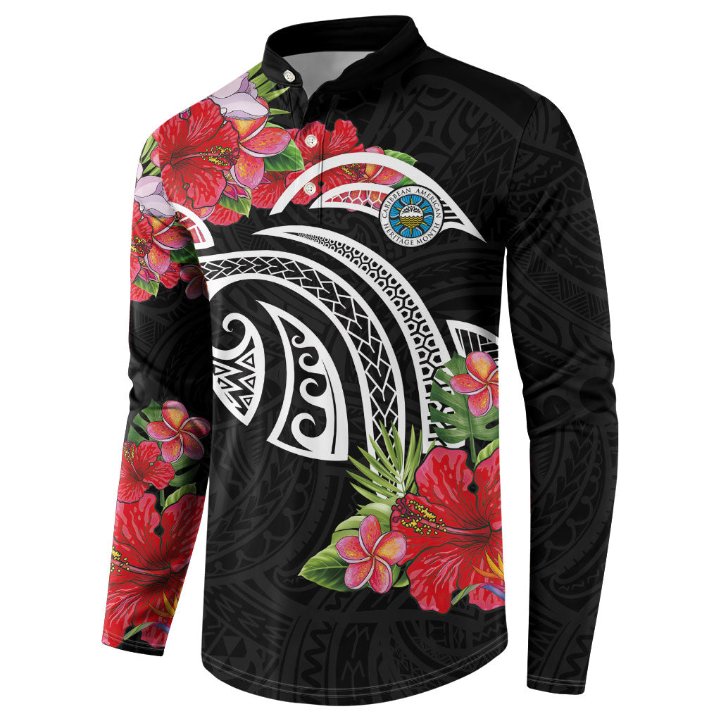 Caribbean American Heritage Month Button Sweatshirt Tropical Hibiscus Flower Tribal Tattoo