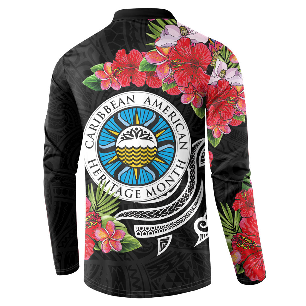 Caribbean American Heritage Month Button Sweatshirt Tropical Hibiscus Flower Tribal Tattoo