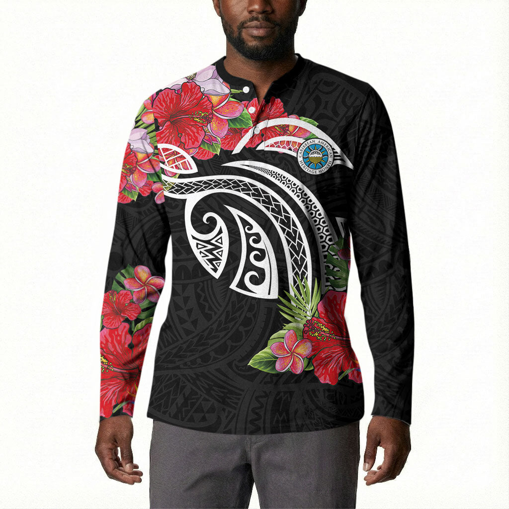 Caribbean American Heritage Month Button Sweatshirt Tropical Hibiscus Flower Tribal Tattoo