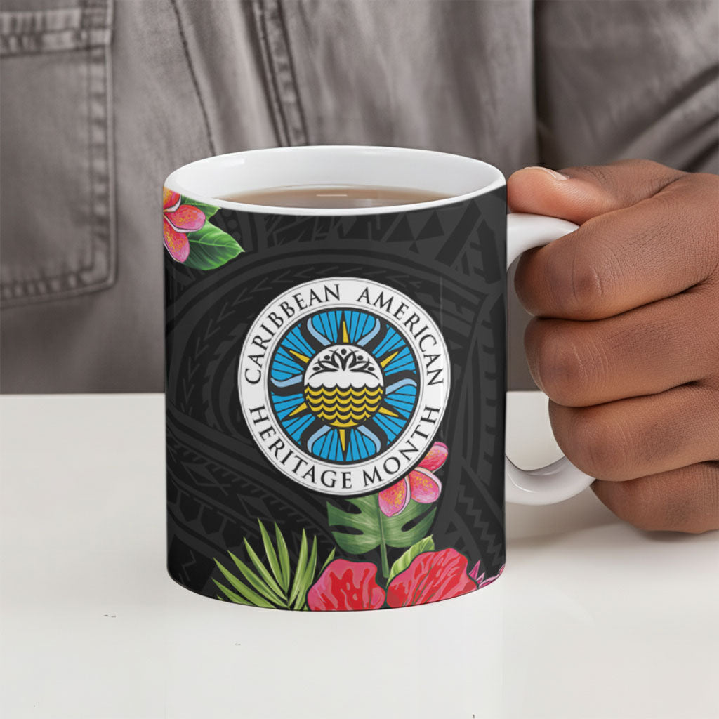 Caribbean American Heritage Month Ceramic Mug Tropical Hibiscus Flower Tribal Tattoo