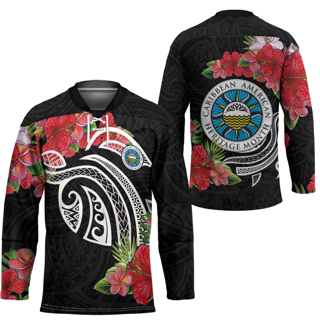 Caribbean American Heritage Month Hockey Jersey Tropical Hibiscus Flower Tribal Tattoo