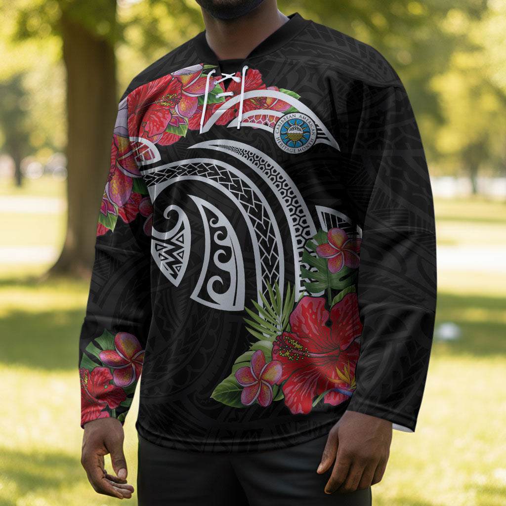 Caribbean American Heritage Month Hockey Jersey Tropical Hibiscus Flower Tribal Tattoo