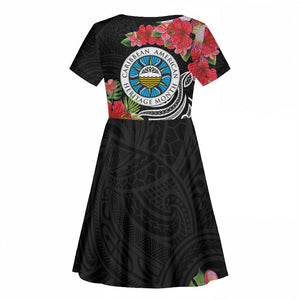 Caribbean American Heritage Month Kid Short Sleeve Dress Tropical Hibiscus Flower Tribal Tattoo
