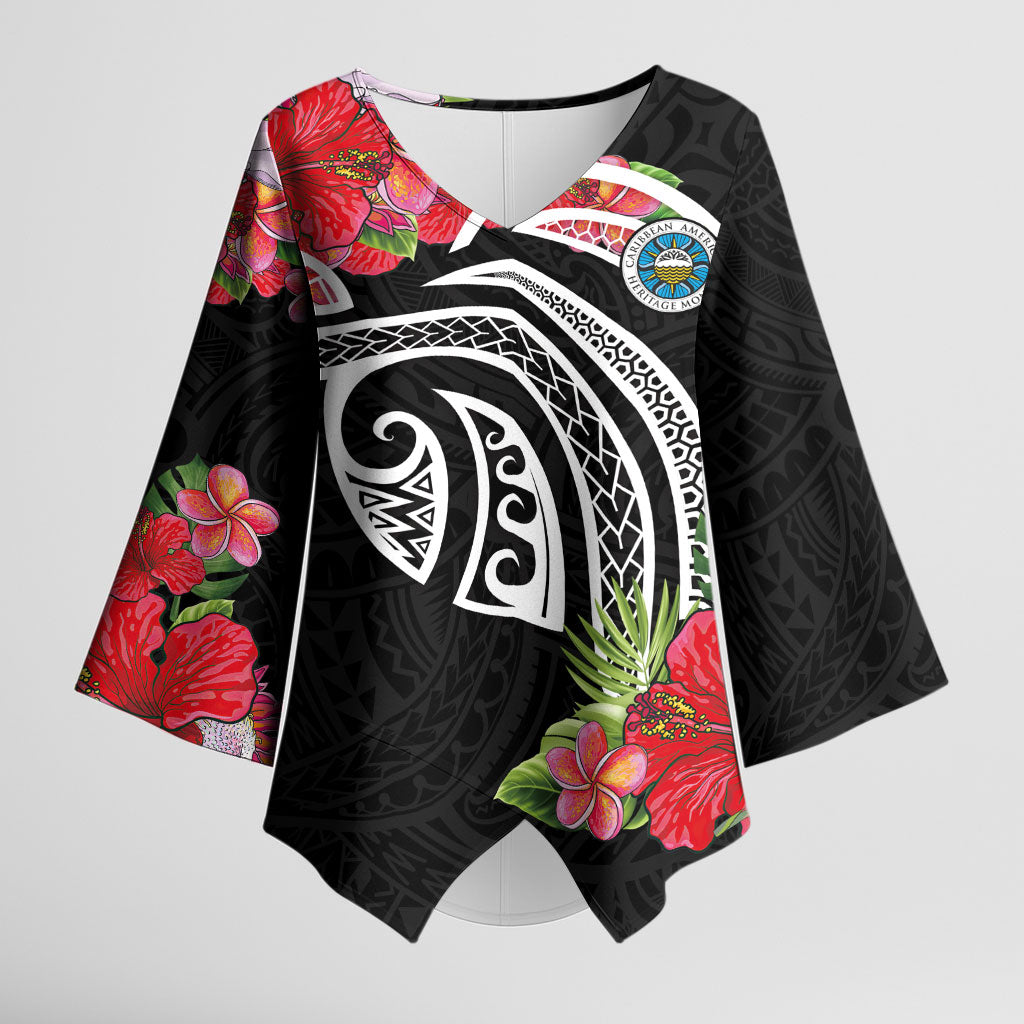 Caribbean American Heritage Month Kimono Sleeve Blouse Tropical Hibiscus Flower Tribal Tattoo