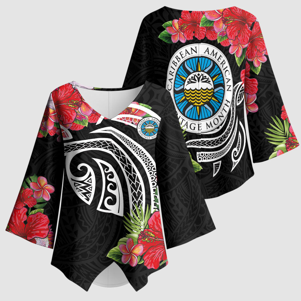 Caribbean American Heritage Month Kimono Sleeve Blouse Tropical Hibiscus Flower Tribal Tattoo