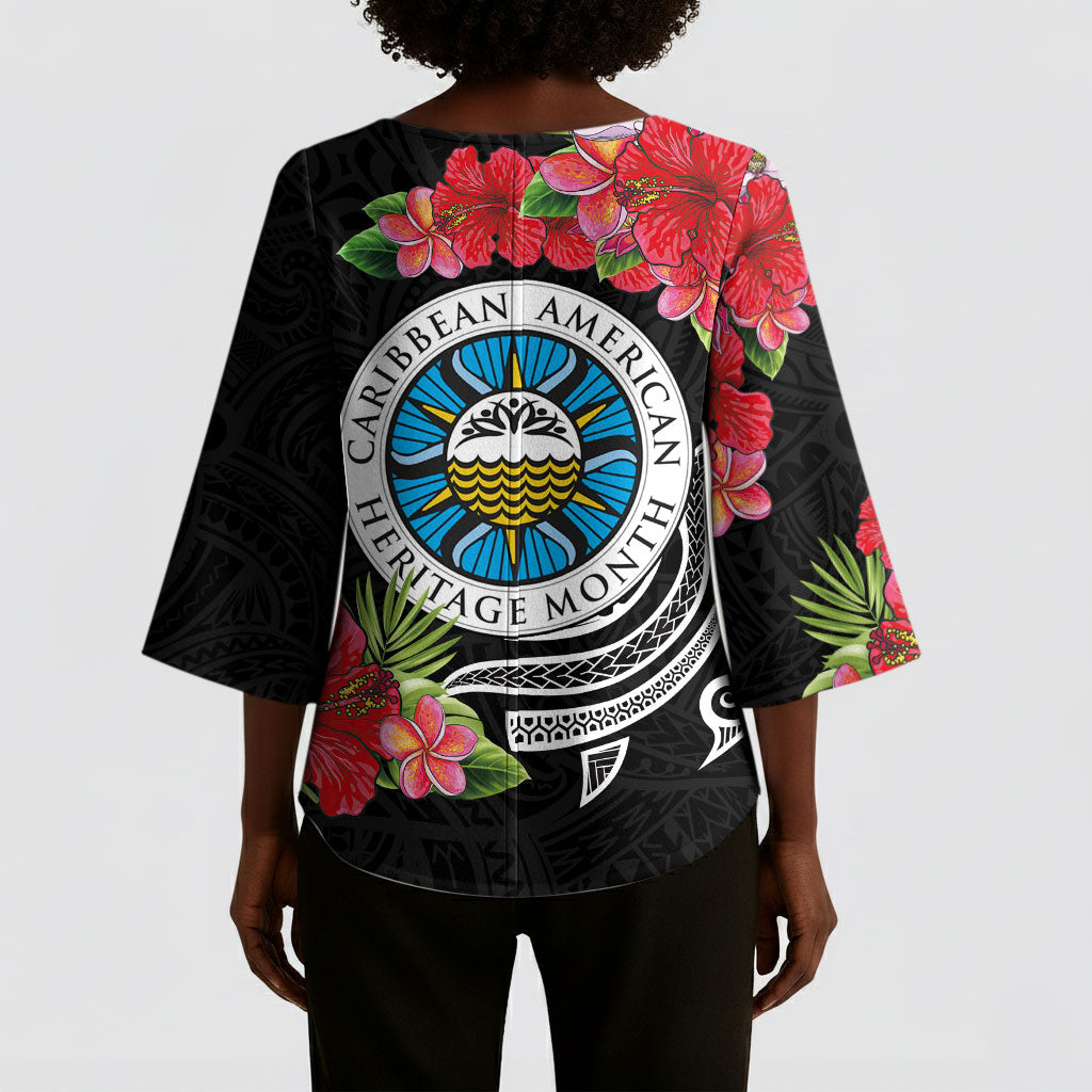 Caribbean American Heritage Month Kimono Sleeve Blouse Tropical Hibiscus Flower Tribal Tattoo