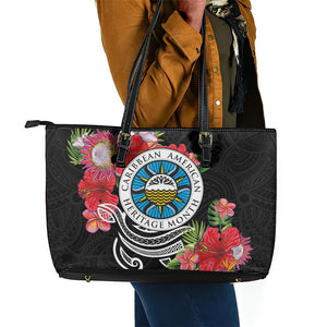 Caribbean American Heritage Month Leather Tote Bag Tropical Hibiscus Flower Tribal Tattoo