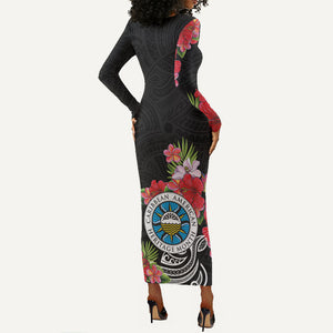 Caribbean American Heritage Month Long Sleeve Bodycon Dress Tropical Hibiscus Flower Tribal Tattoo