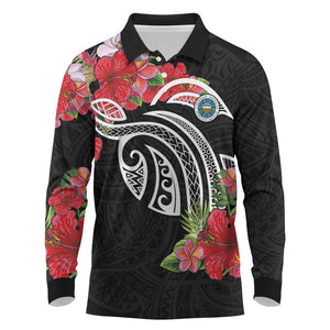 Caribbean American Heritage Month Long Sleeve Polo Shirt Tropical Hibiscus Flower Tribal Tattoo