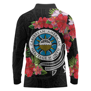 Caribbean American Heritage Month Long Sleeve Polo Shirt Tropical Hibiscus Flower Tribal Tattoo