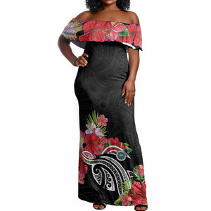 Caribbean American Heritage Month Off Shoulder Maxi Dress Tropical Hibiscus Flower Tribal Tattoo