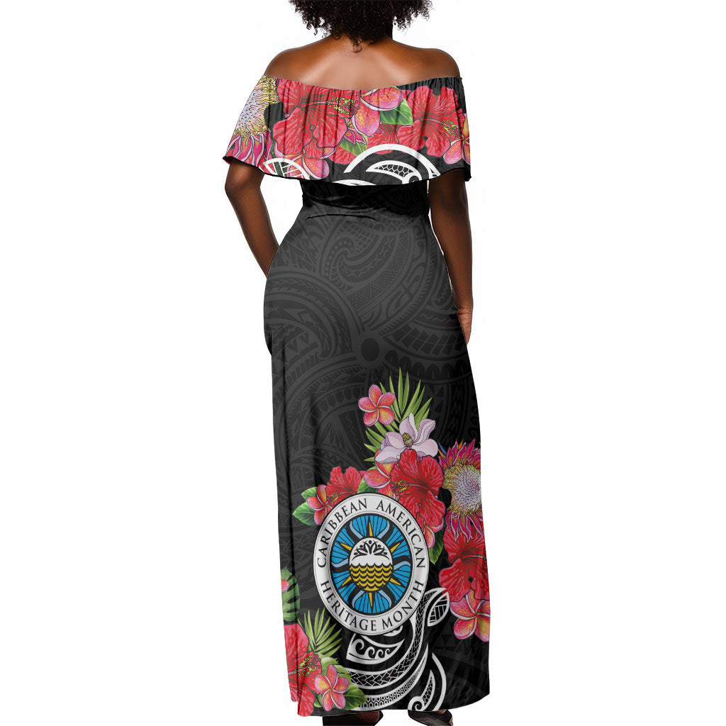 Caribbean American Heritage Month Off Shoulder Maxi Dress Tropical Hibiscus Flower Tribal Tattoo