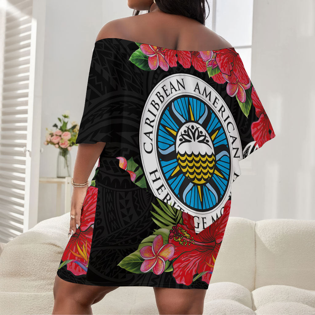 Caribbean American Heritage Month Off Shoulder Short Dress Tropical Hibiscus Flower Tribal Tattoo