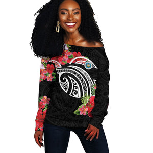 Caribbean American Heritage Month Off Shoulder Sweater Tropical Hibiscus Flower Tribal Tattoo