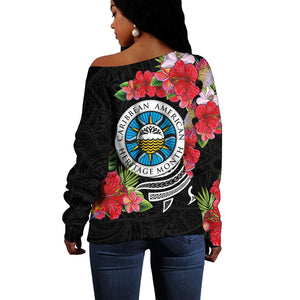 Caribbean American Heritage Month Off Shoulder Sweater Tropical Hibiscus Flower Tribal Tattoo