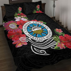 Caribbean American Heritage Month Quilt Bed Set Tropical Hibiscus Flower Tribal Tattoo