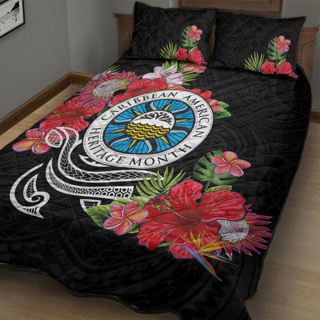 Caribbean American Heritage Month Quilt Bed Set Tropical Hibiscus Flower Tribal Tattoo
